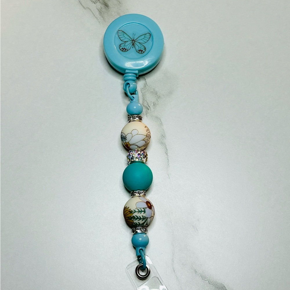 Blue Beaded Butterfly Badge Holder